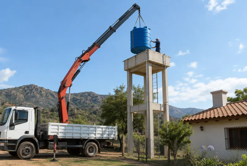 Hidrogrúa subiendo un tanque de agua a una torre