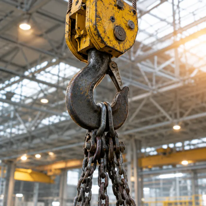 Gancho de hidrogrúa con eslingas en una nave industrial